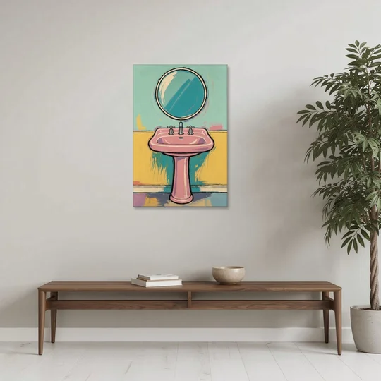 Powder Room Decor with a Pink Pedestal Sink - Canvas Wall Art - Coffee Table - 24x36