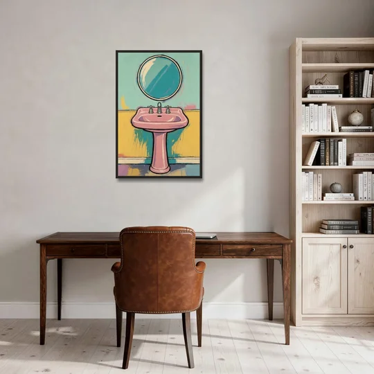 Powder Room Decor with a Pink Pedestal Sink - Black Framed Canvas Wall Art - Office - 24x36