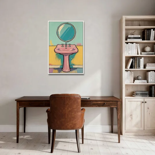Powder Room Decor with a Pink Pedestal Sink - White Framed Canvas Wall Art - Office - 24x36