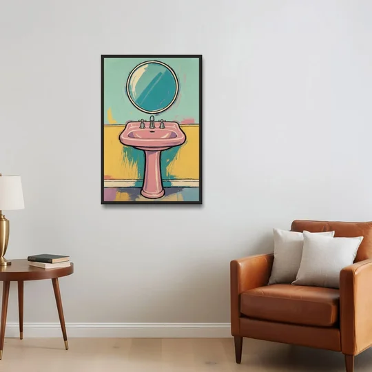 Powder Room Decor with a Pink Pedestal Sink - Black Framed Canvas Wall Art - Sofa - 24x36