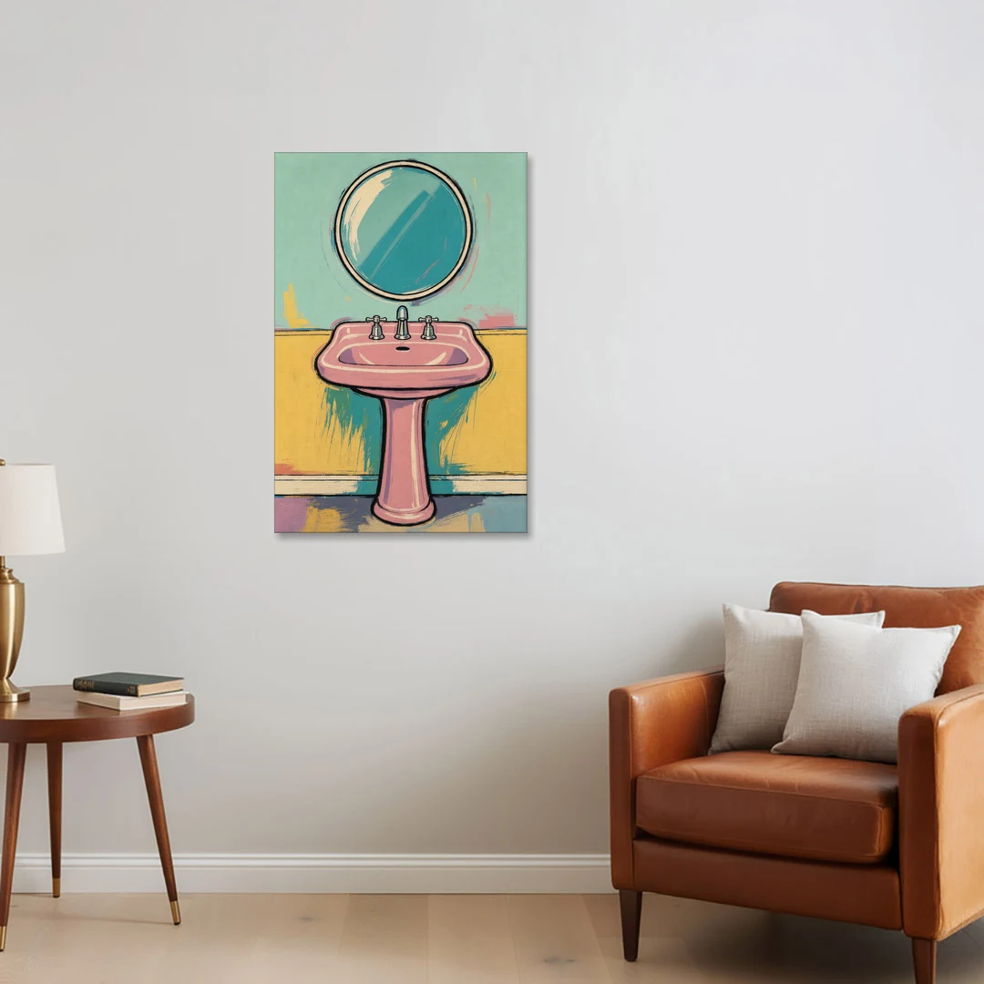 Powder Room Decor with a Pink Pedestal Sink - Canvas Wall Art - Sofa - 24x36