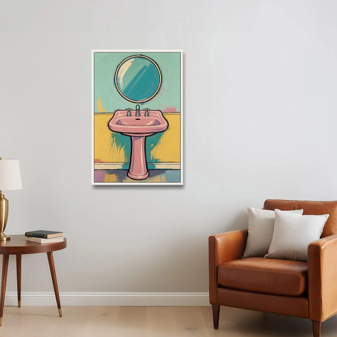 Powder Room Decor with a Pink Pedestal Sink - White Framed Canvas Wall Art - Sofa - 24x36