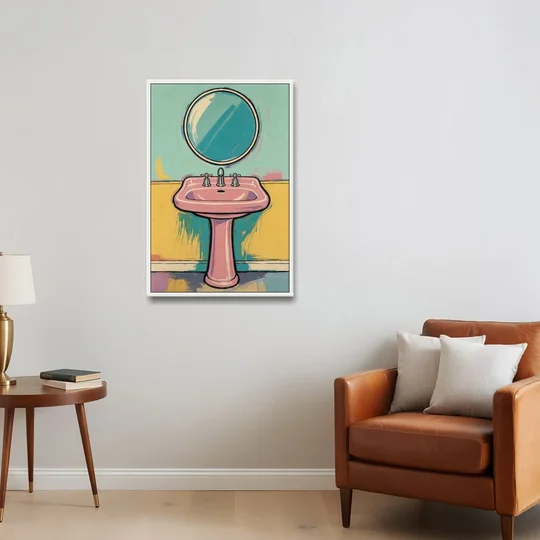 Powder Room Decor with a Pink Pedestal Sink - White Framed Canvas Wall Art - Sofa - 24x36