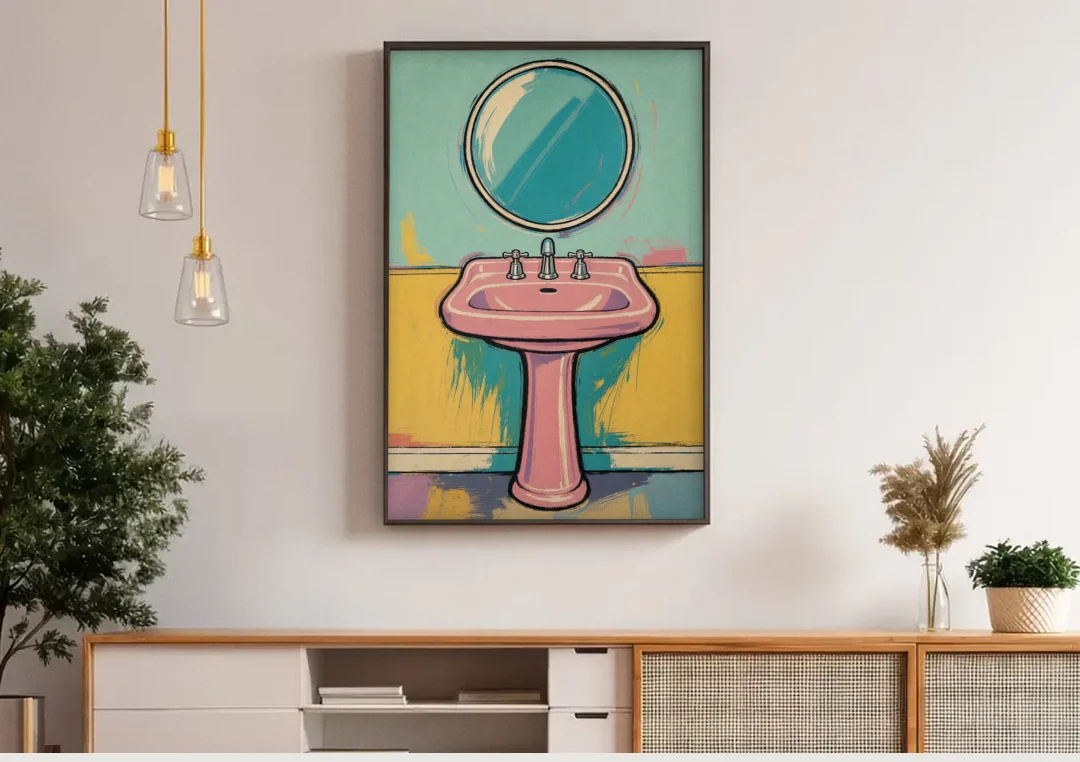 Powder Room Decor with a Pink Pedestal Sink canvas wall art above a wooden sideboard under pendant lights
