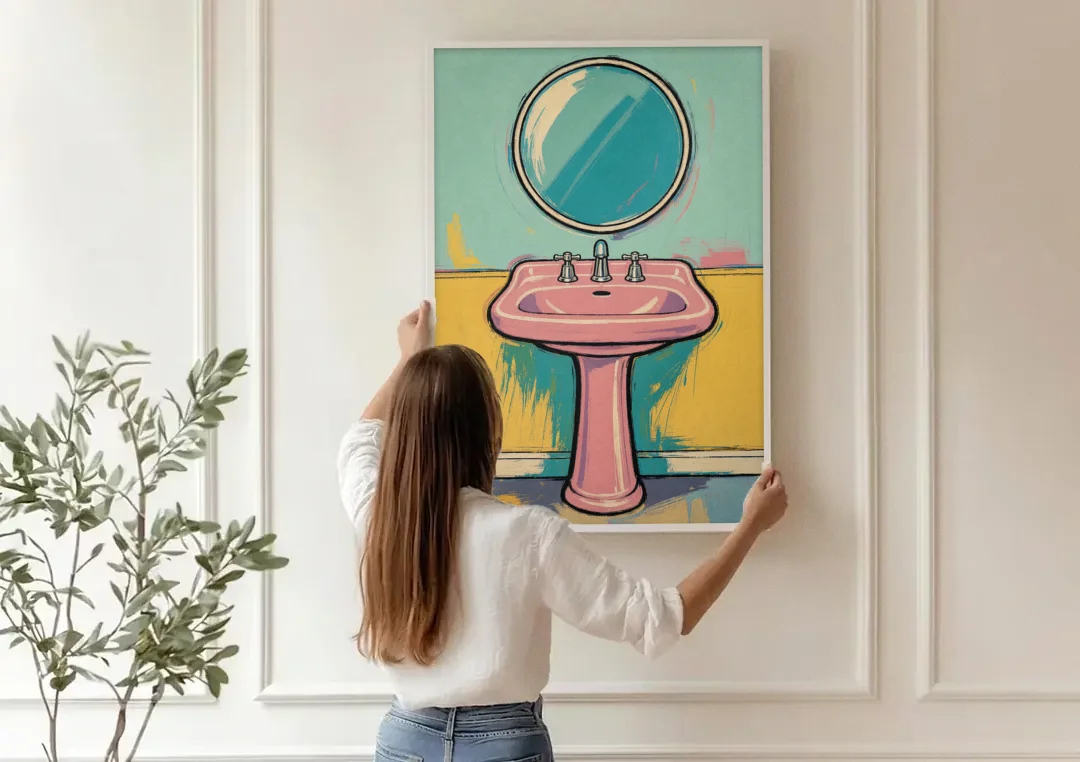 Powder Room Decor with a Pink Pedestal Sink canvas wall art being hung on a paneled wall