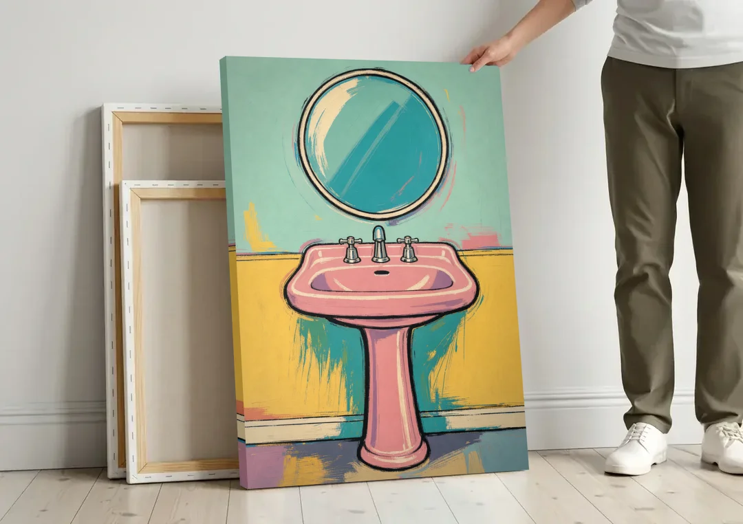 Powder Room Decor with a Pink Pedestal Sink canvas wall art leaning against a wall next to blank canvases