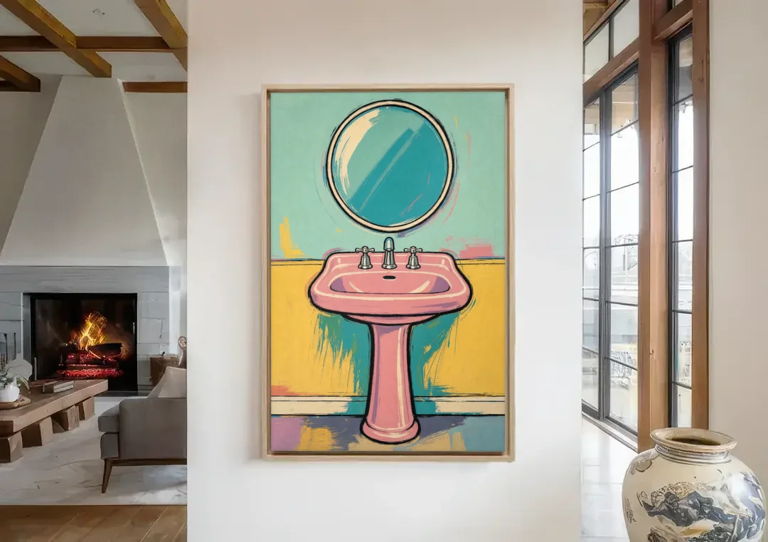 Powder Room Decor with a Pink Pedestal Sink canvas wall art in a living room with a fireplace