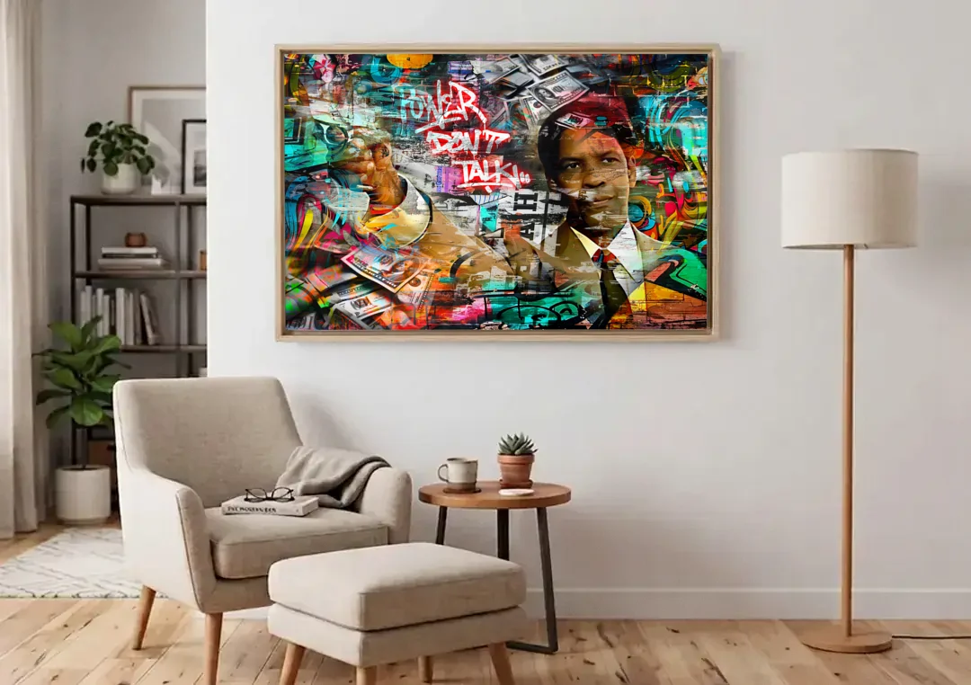 Power Don't Talk canvas wall art above an armchair in a bright living room