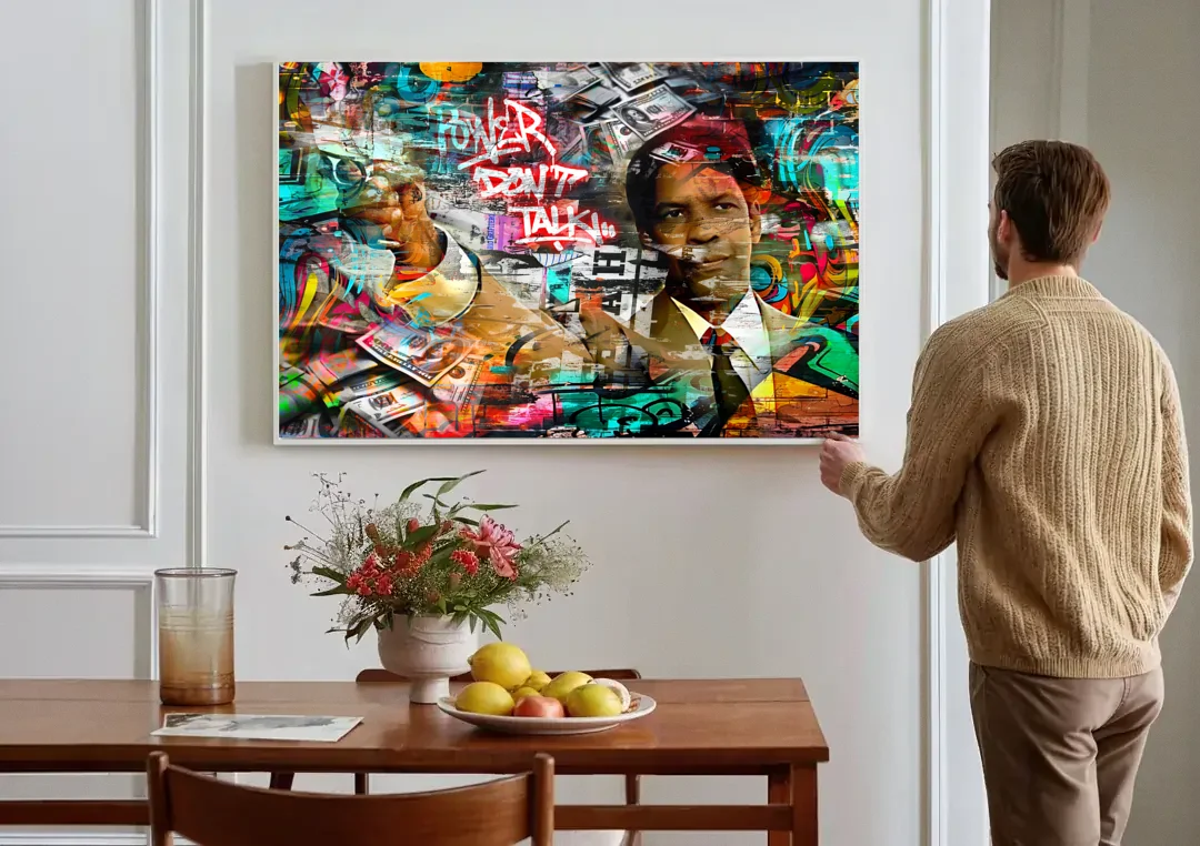 Power Don't Talk canvas wall art above a dining table