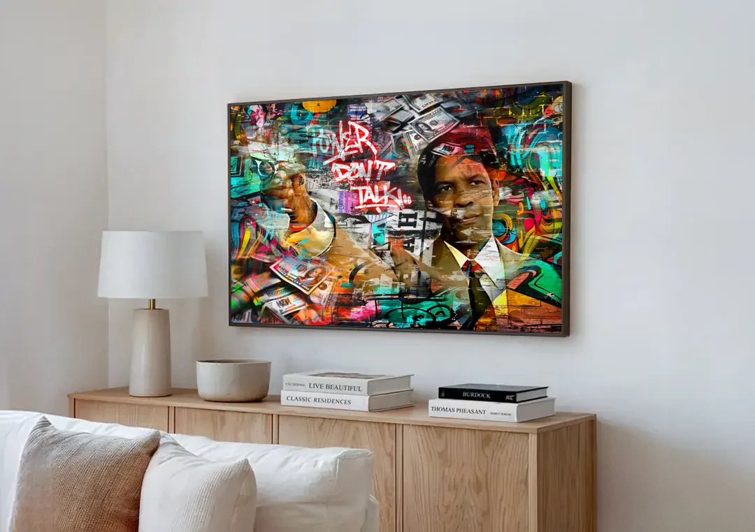 Power Don't Talk canvas wall art above a wooden sideboard next to a sofa