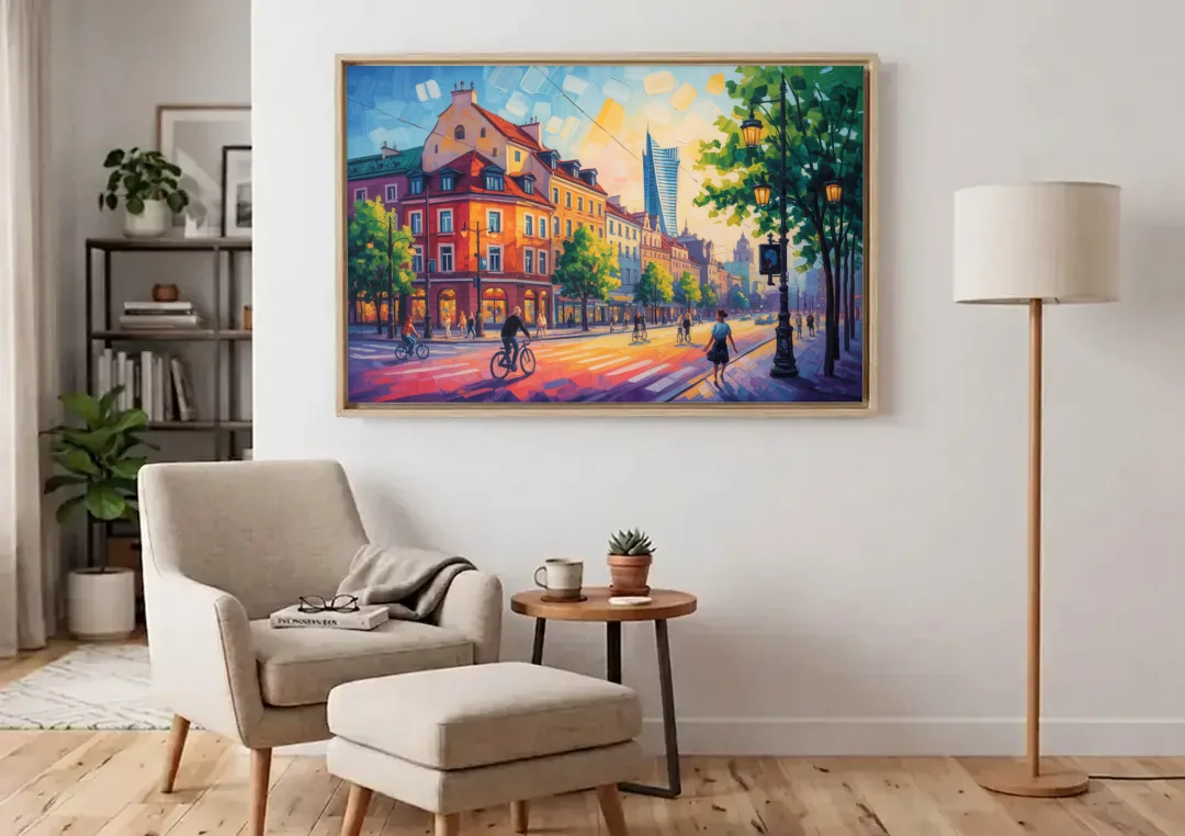 Praga District Vibe canvas wall art above an armchair in a bright living room