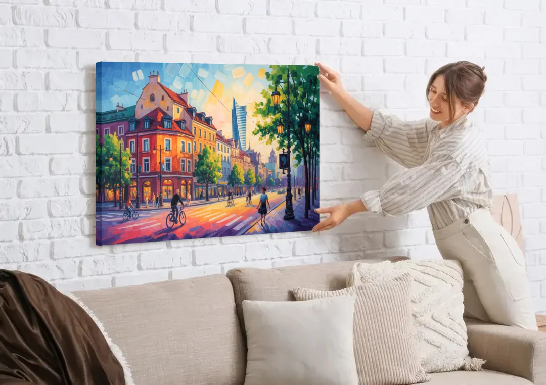 Praga District Vibe canvas wall art being hung on a white brick wall above a sofa