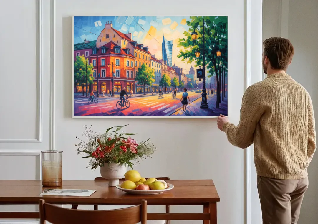 Praga District Vibe canvas wall art above a dining table
