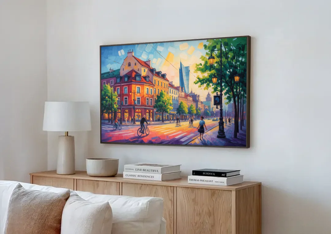 Praga District Vibe canvas wall art above a wooden sideboard next to a sofa