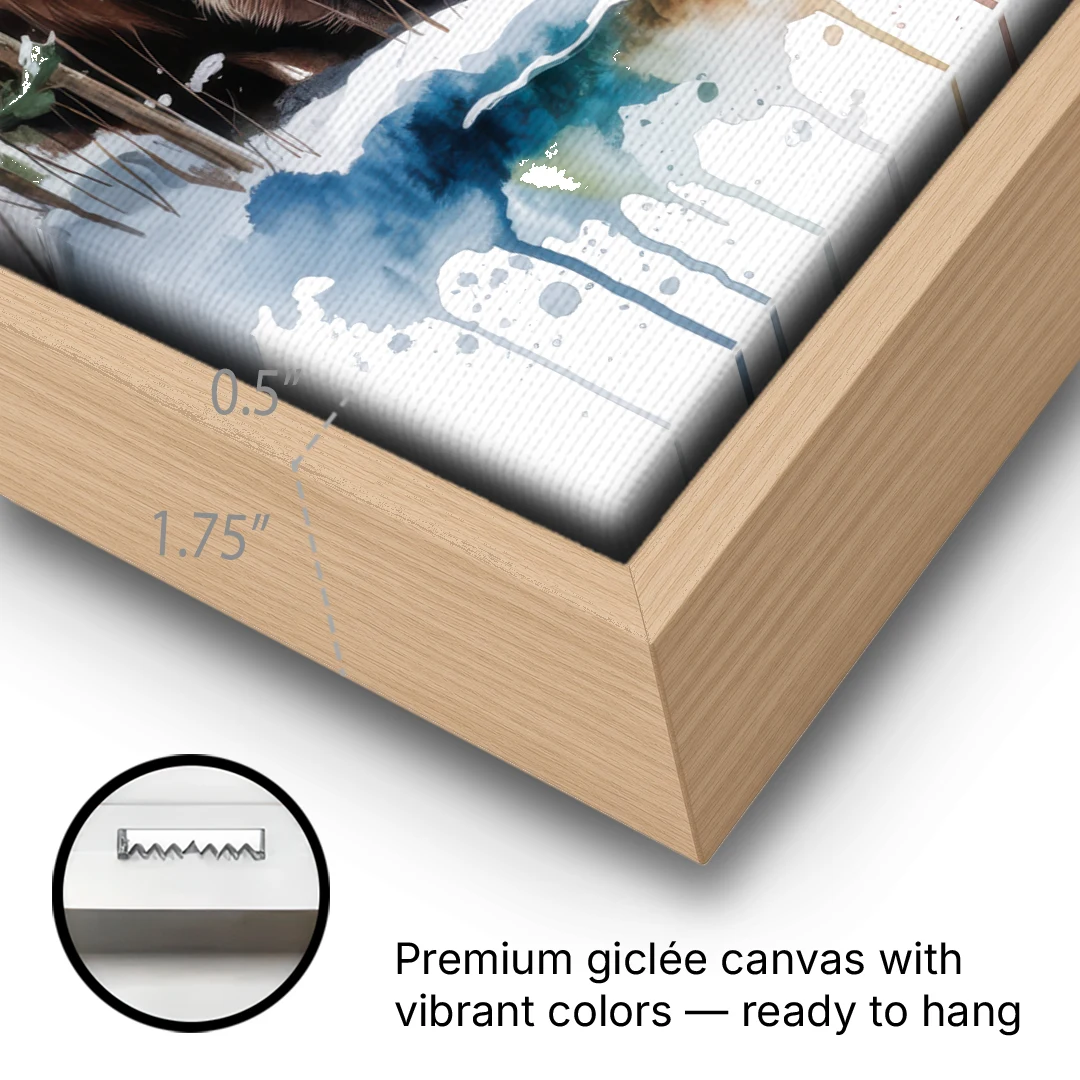Pristine Winter Bear Landscape - Oak Framed Canvas Wall Art - Gallery Wrap Corner
