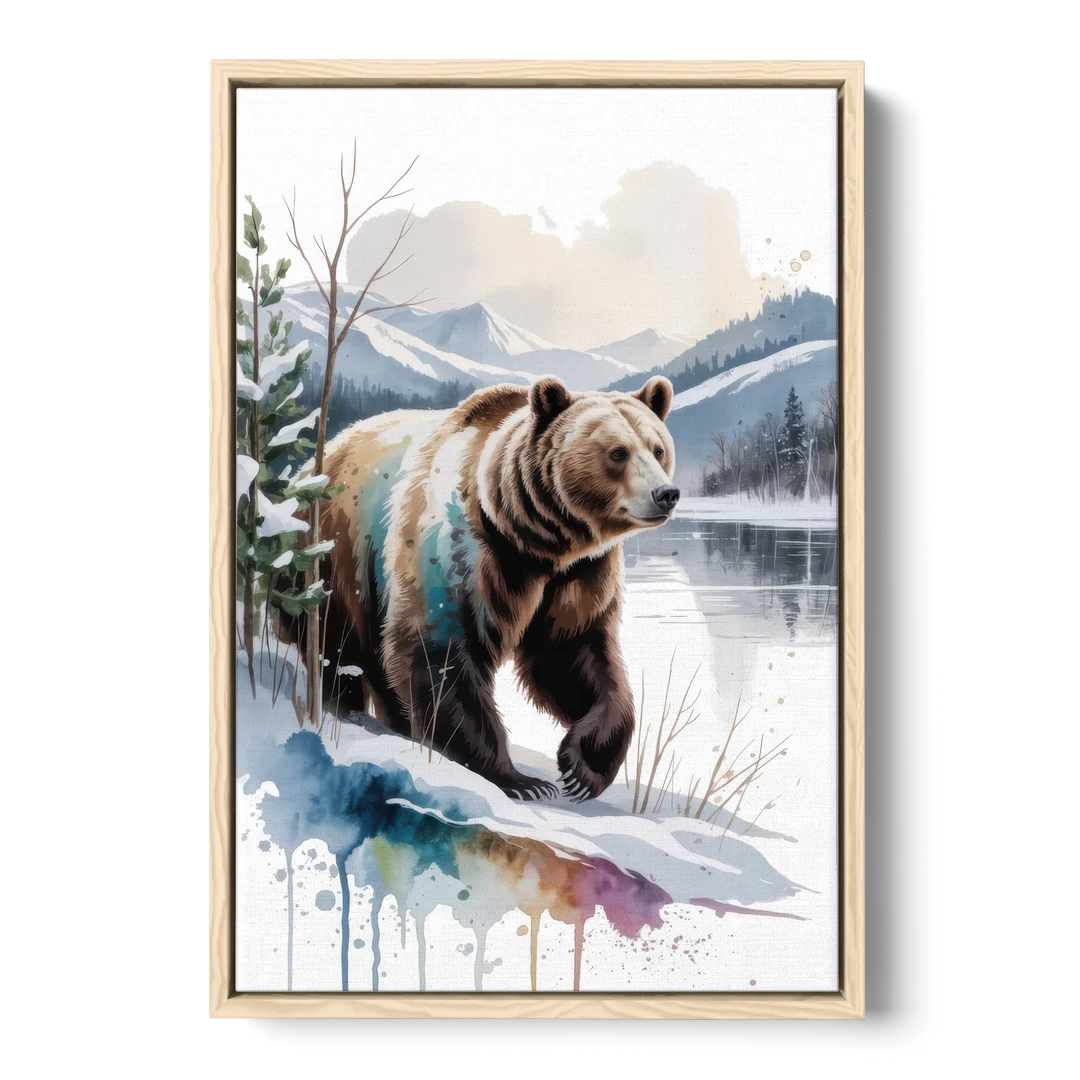 Pristine Winter Bear Landscape - Oak Framed Canvas Wall Art - Front