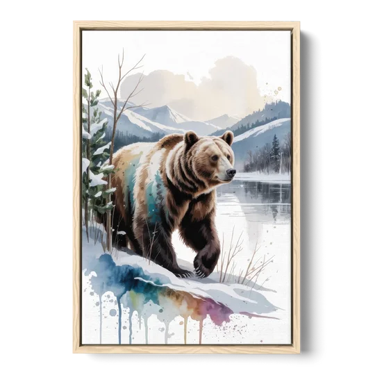 Pristine Winter Bear Landscape - Oak Framed Canvas Wall Art - Front