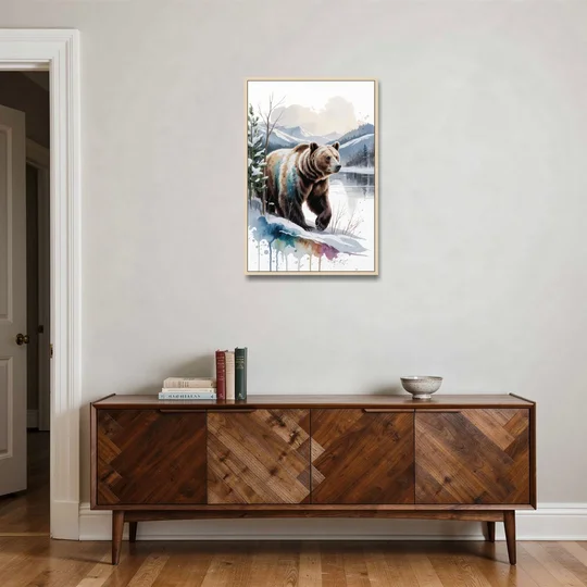 Pristine Winter Bear Landscape - Oak Framed Canvas Wall Art - Coffee Table - 24x36