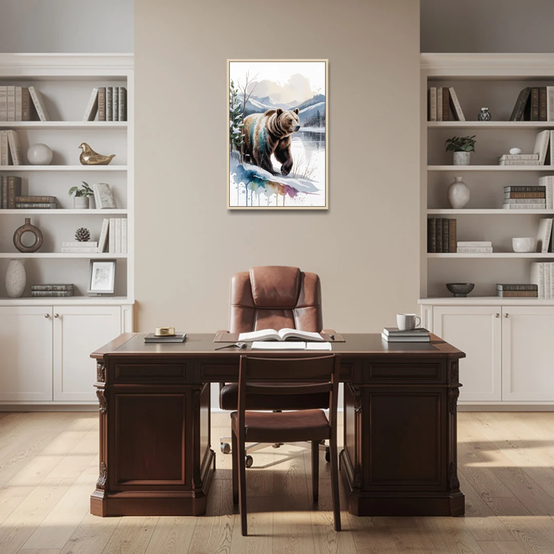 Pristine Winter Bear Landscape - Oak Framed Canvas Wall Art - Office - 24x36