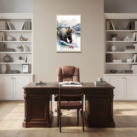 Pristine Winter Bear Landscape - Oak Framed Canvas Wall Art - Office - 24x36