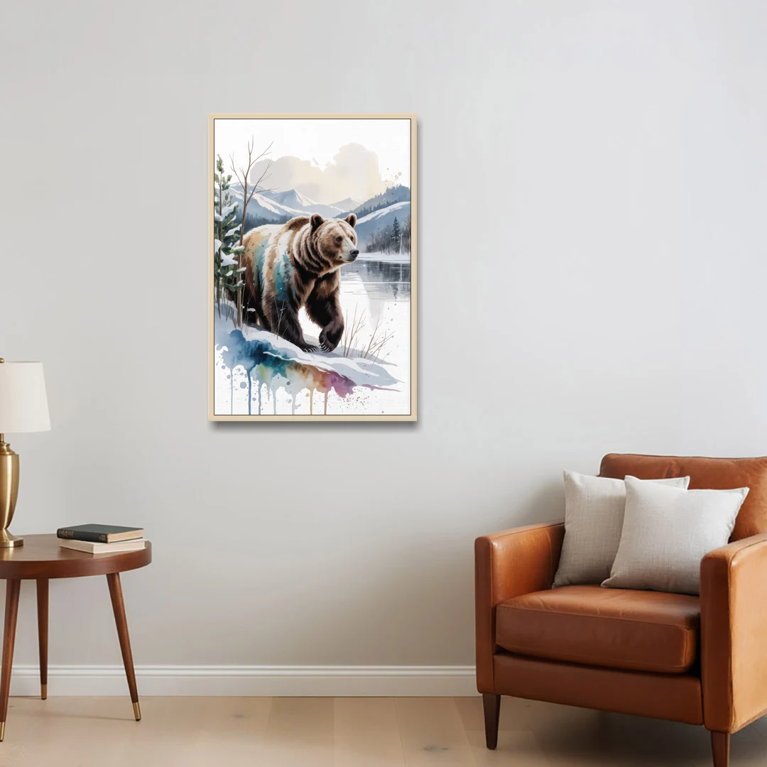 Pristine Winter Bear Landscape - Oak Framed Canvas Wall Art - Sofa - 24x36