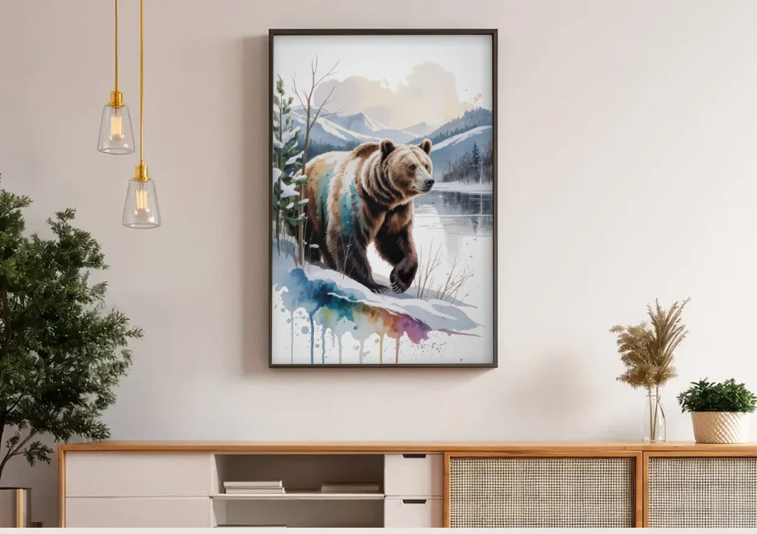 Pristine Winter Bear Landscape canvas wall art above a wooden sideboard under pendant lights