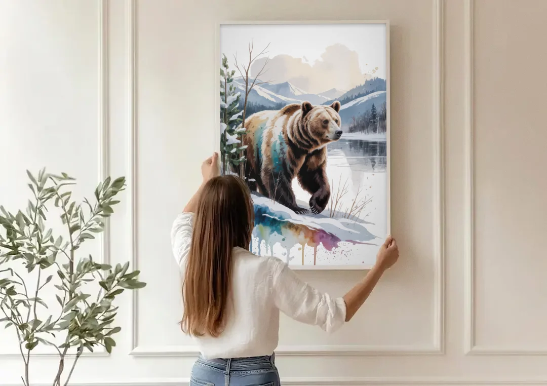 Pristine Winter Bear Landscape canvas wall art being hung on a paneled wall