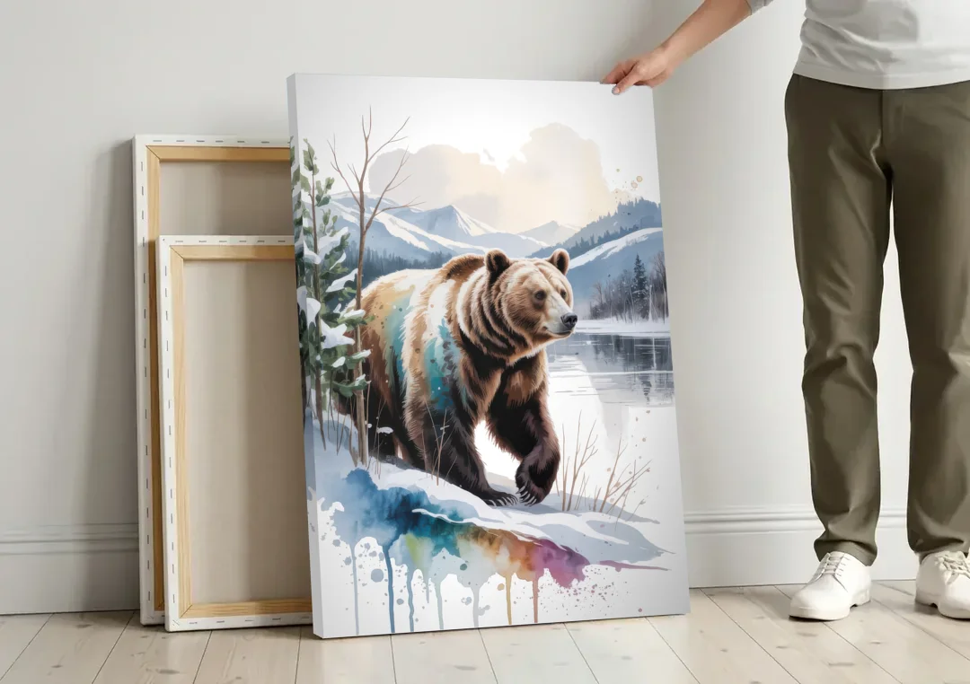 Pristine Winter Bear Landscape canvas wall art leaning against a wall next to blank canvases