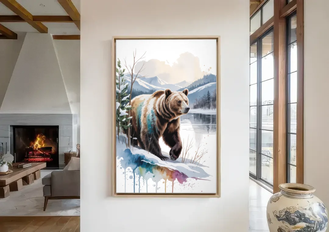 Pristine Winter Bear Landscape canvas wall art in a living room with a fireplace