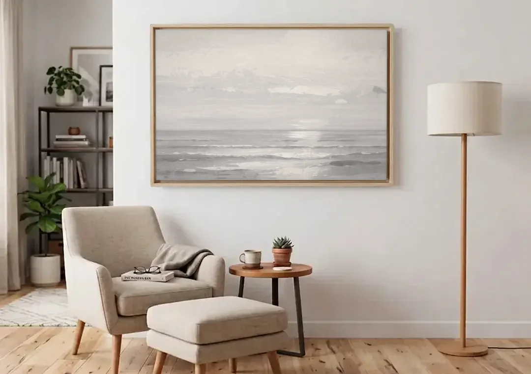 Professional Office Wall Art Ivory Light at Sea canvas wall art above an armchair in a bright living room