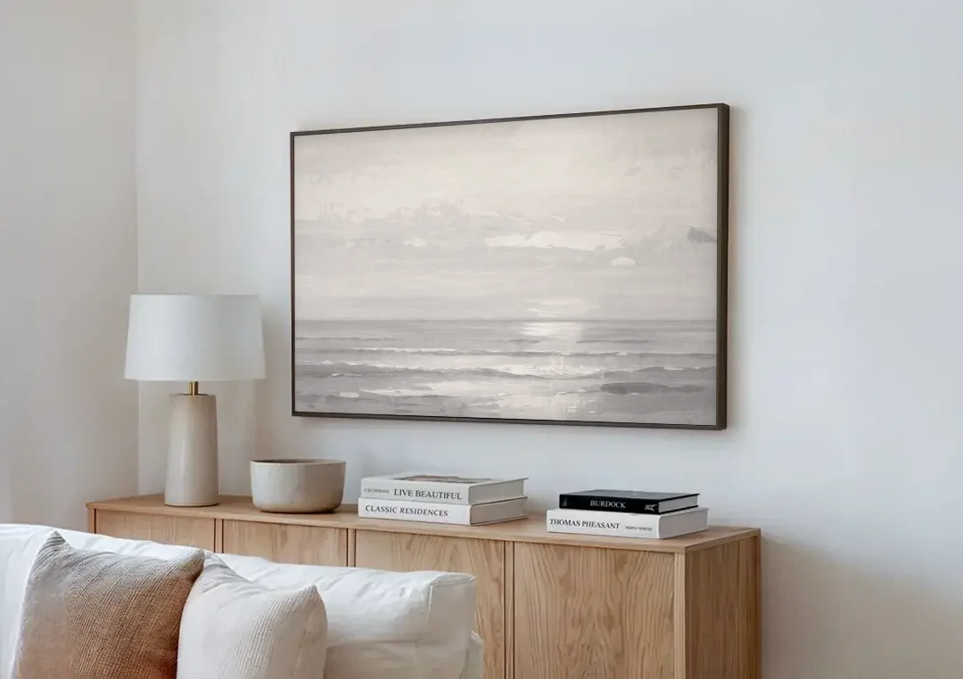 Professional Office Wall Art Ivory Light at Sea canvas wall art above a wooden sideboard next to a sofa