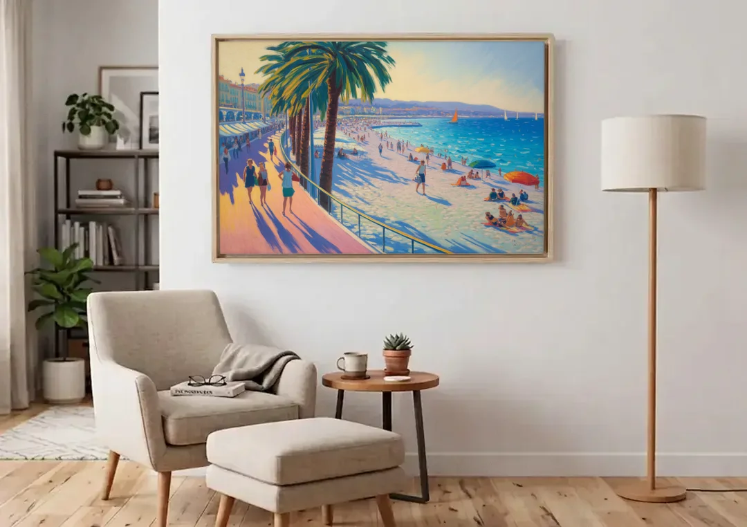 Promenade des Anglais canvas wall art above an armchair in a bright living room