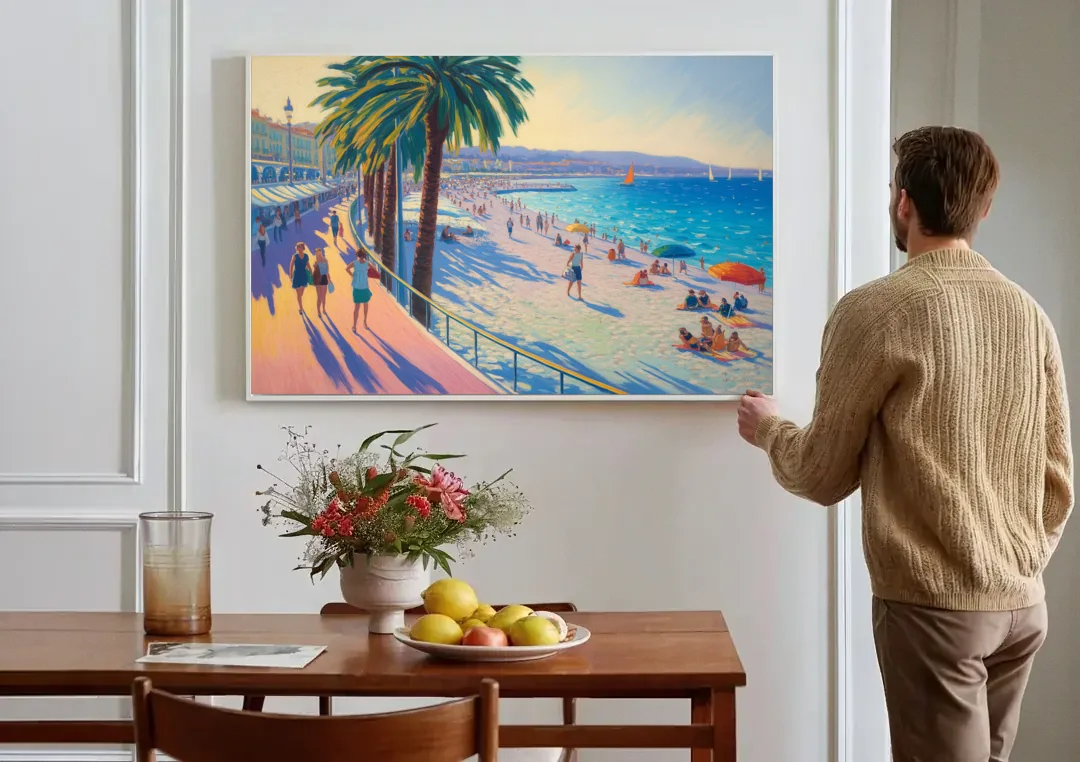 Promenade des Anglais canvas wall art above a dining table
