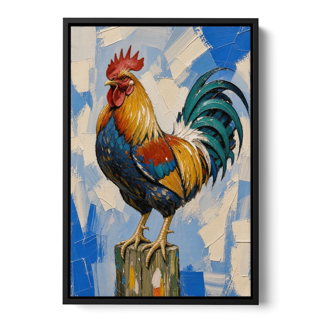 Proud Farmhouse Rooster on a Fence Post - Black Framed Canvas Wall Art - Front