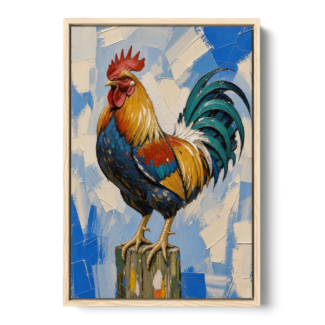 Proud Farmhouse Rooster on a Fence Post - Oak Framed Canvas Wall Art - Front