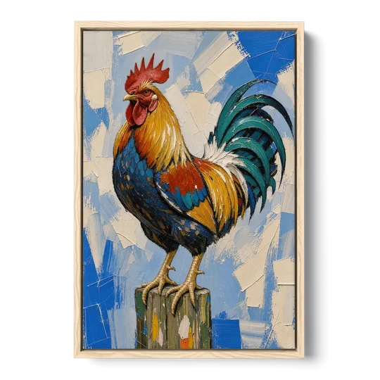 Proud Farmhouse Rooster on a Fence Post - Oak Framed Canvas Wall Art - Front