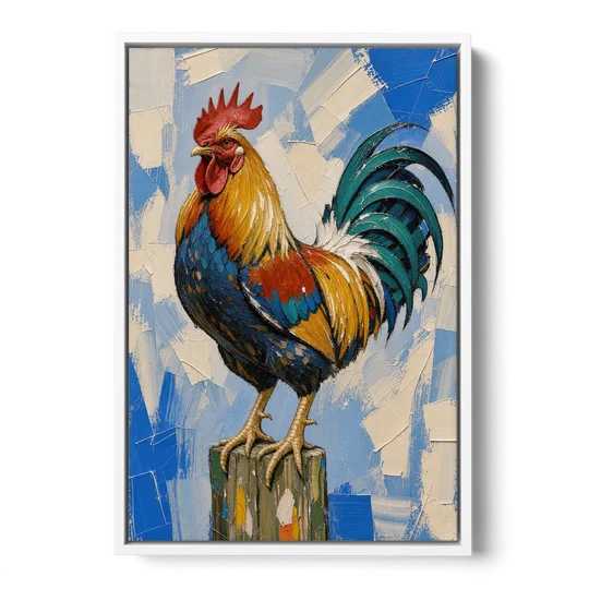 Proud Farmhouse Rooster on a Fence Post - White Framed Canvas Wall Art - Front