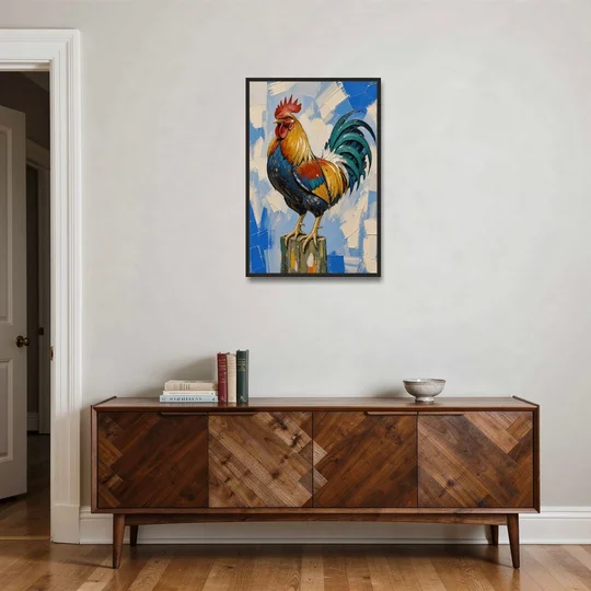 Proud Farmhouse Rooster on a Fence Post - Black Framed Canvas Wall Art - Coffee Table - 24x36