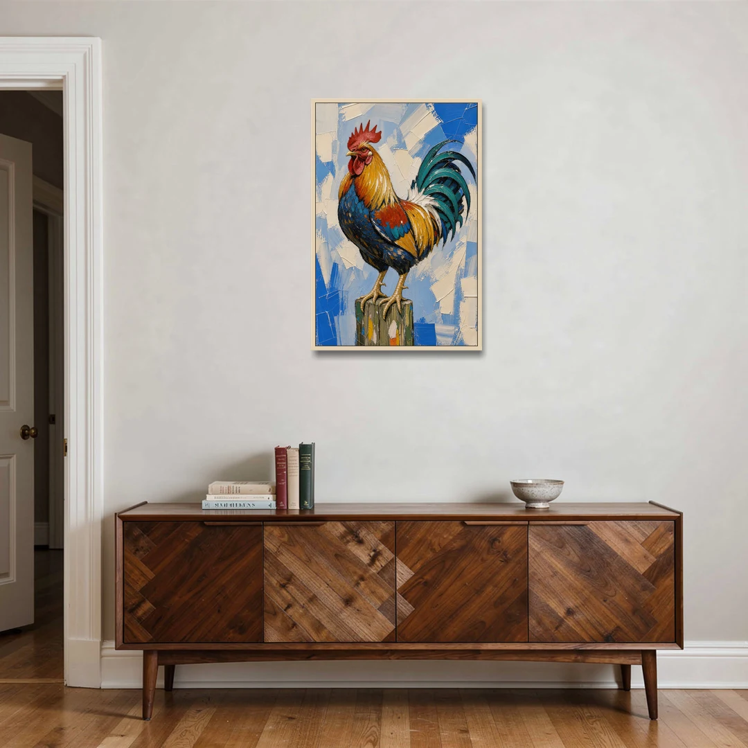 Proud Farmhouse Rooster on a Fence Post - Oak Framed Canvas Wall Art - Coffee Table - 24x36