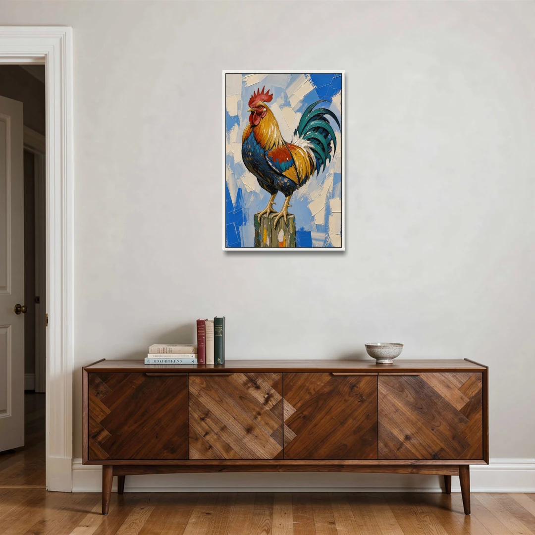Proud Farmhouse Rooster on a Fence Post - White Framed Canvas Wall Art - Coffee Table - 24x36