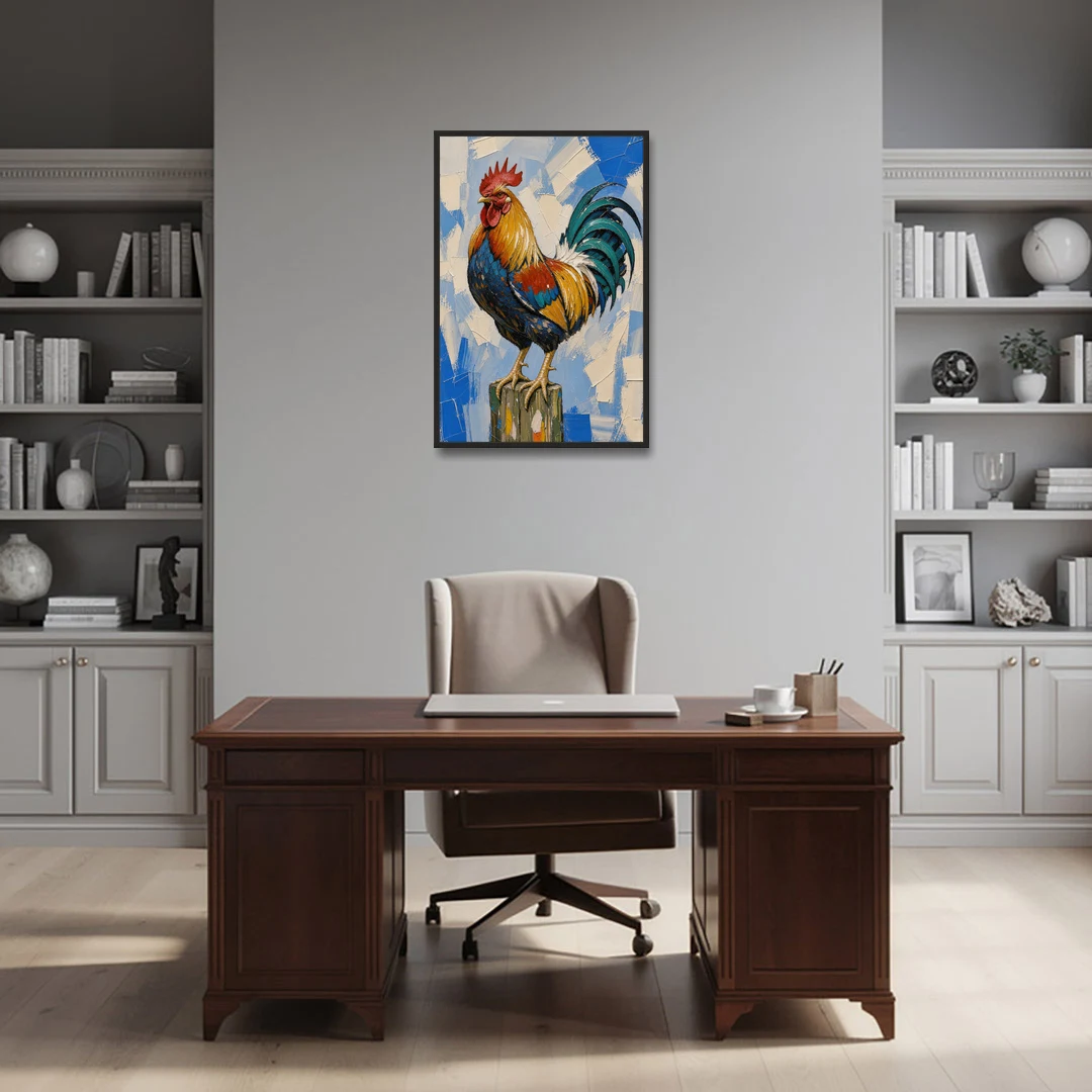 Proud Farmhouse Rooster on a Fence Post - Black Framed Canvas Wall Art - Office - 24x36
