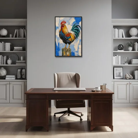 Proud Farmhouse Rooster on a Fence Post - Black Framed Canvas Wall Art - Office - 24x36