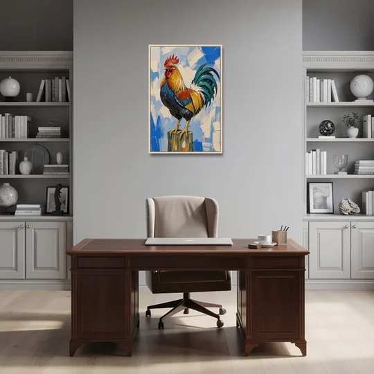 Proud Farmhouse Rooster on a Fence Post - Oak Framed Canvas Wall Art - Office - 24x36