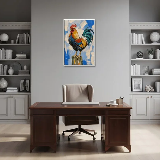 Proud Farmhouse Rooster on a Fence Post - White Framed Canvas Wall Art - Office - 24x36
