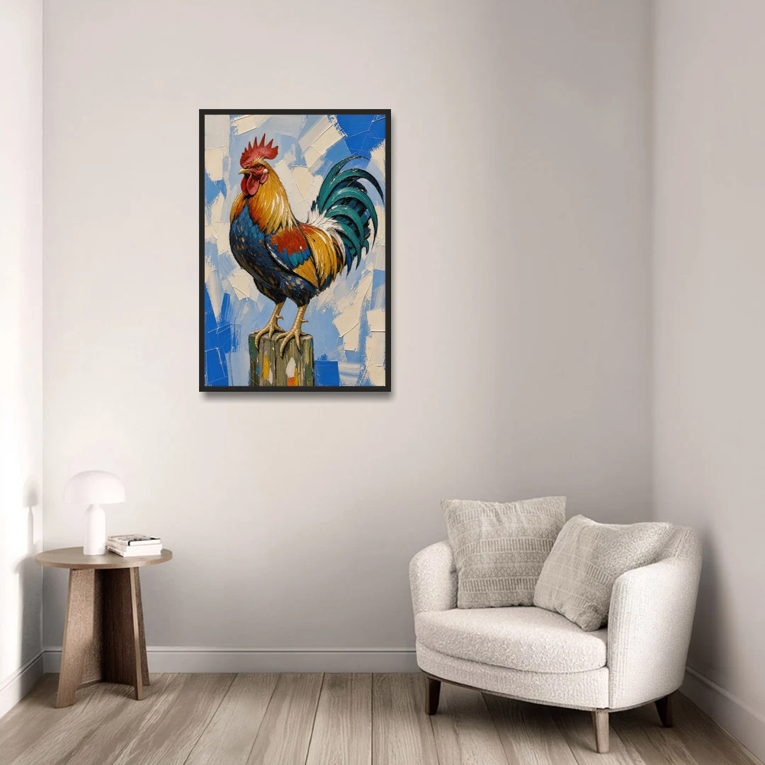 Proud Farmhouse Rooster on a Fence Post - Black Framed Canvas Wall Art - Sofa - 24x36
