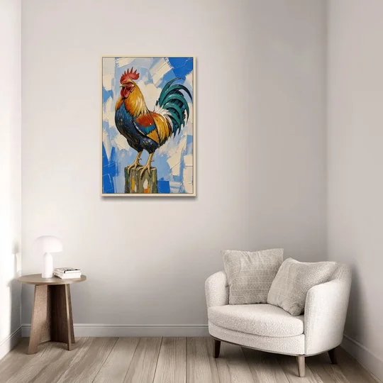 Proud Farmhouse Rooster on a Fence Post - Oak Framed Canvas Wall Art - Sofa - 24x36