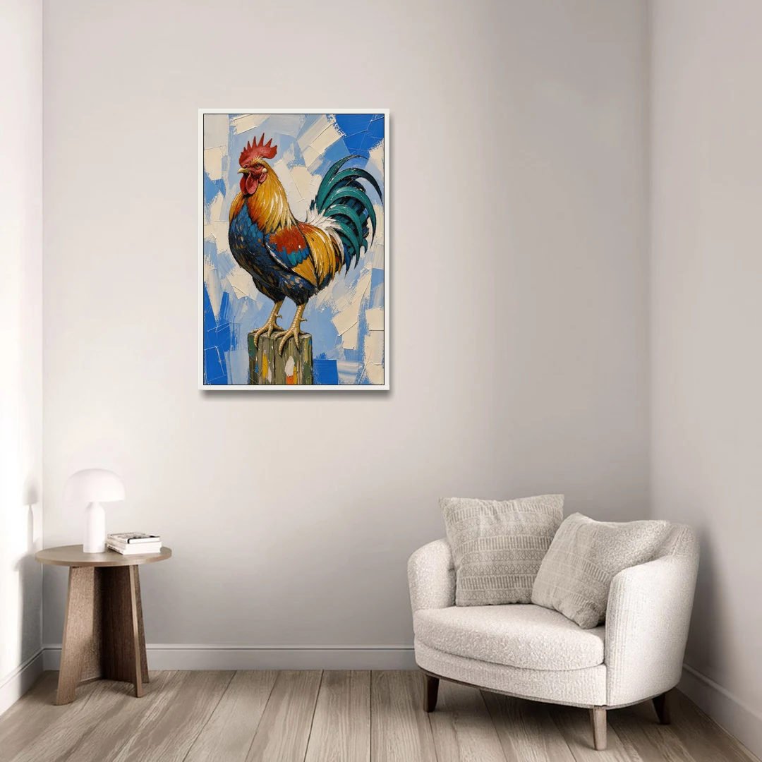 Proud Farmhouse Rooster on a Fence Post - White Framed Canvas Wall Art - Sofa - 24x36