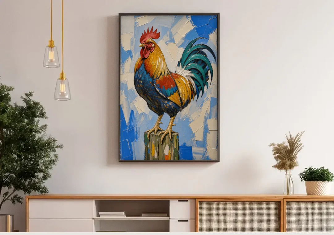 Proud Farmhouse Rooster on a Fence Post canvas wall art above a wooden sideboard under pendant lights