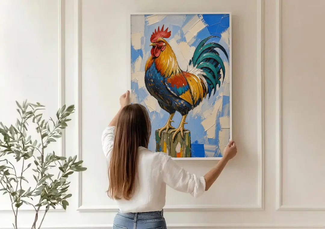 Proud Farmhouse Rooster on a Fence Post canvas wall art being hung on a paneled wall