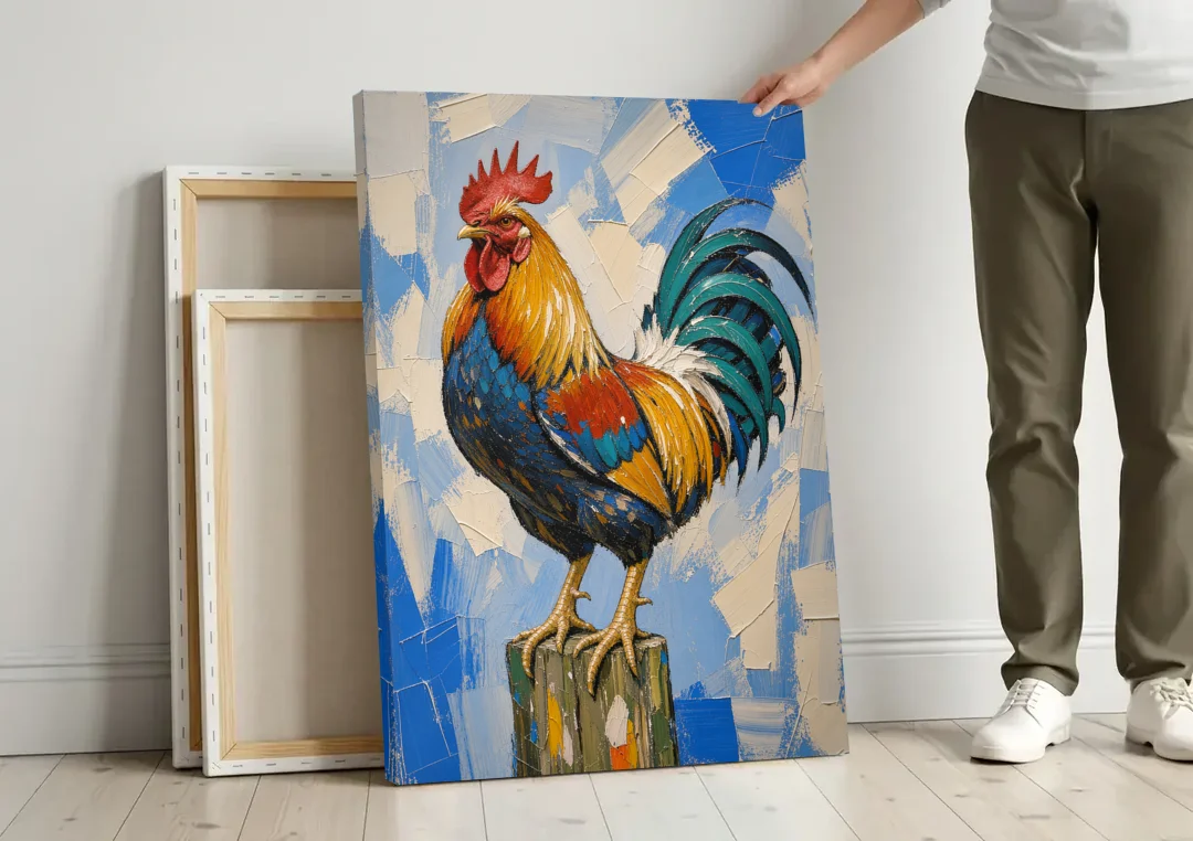 Proud Farmhouse Rooster on a Fence Post canvas wall art leaning against a wall next to blank canvases